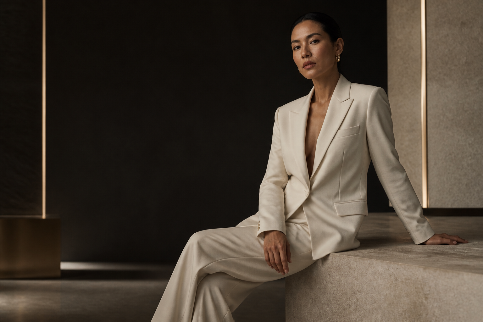 Confident woman in a tailored ivory suit