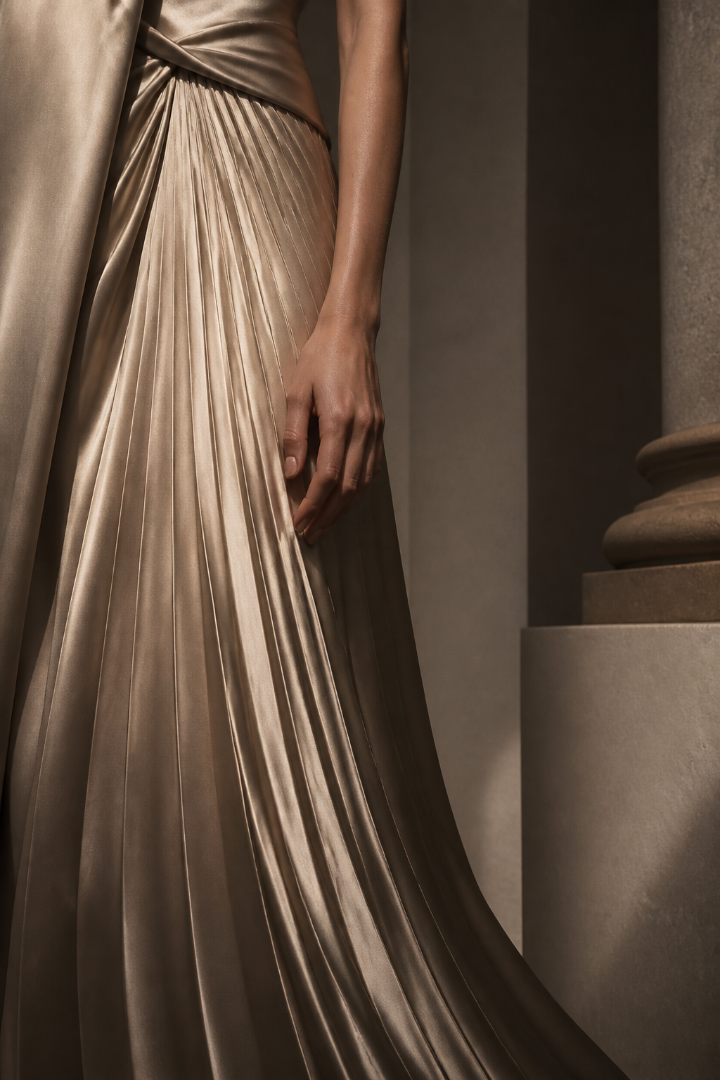Close detail of champagne silk pleats